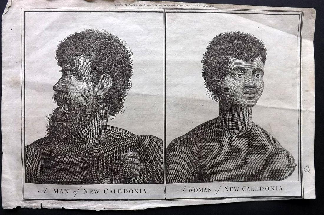 Anderson & Hogg 1784 Folio Print. New Caledonia Natives: Folio Copper Plate Published 1784 by Alexander Hogg, London for "A New Authentic and Complete Collection of Voyages..." by George W. Anderson. Paper Size: 14.5 x 9 inch (37 x 23cm) Approx. Good Condit