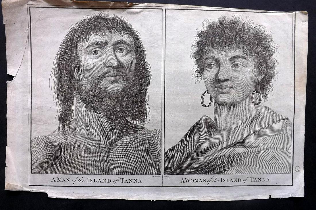 Anderson & Hogg 1784 Tanna Natives, Cook's Voyages: Folio Copper Plate Published 1784 by Alexander Hogg, London for "A New Authentic and Complete Collection of Voyages..." by George W. Anderson. Paper Size: 14.5 x 9 inch (37 x 23cm) Approx. Minor margi