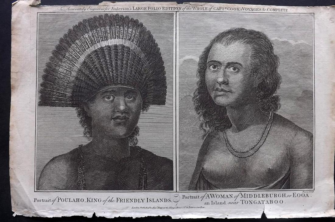 Anderson & Hogg 1784 Folio. Friendly Islands, Pacific: Folio Copper Plate Published 1784 by Alexander Hogg, London for "A New Authentic and Complete Collection of Voyages..." by George W. Anderson. Paper Size: 14.5 x 9 inch (37 x 23cm) Approx. Some chippi