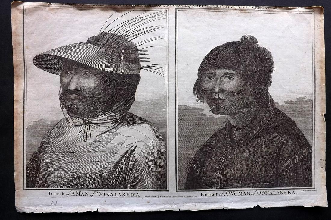 Anderson & Hogg 1784 Folio Print. Alaska Natives USA: Folio Copper Plate Published 1784 by Alexander Hogg, London for "A New Authentic and Complete Collection of Voyages..." by George W. Anderson. Paper Size: 14.5 x 9 inch (37 x 23cm) Approx. Tight top m