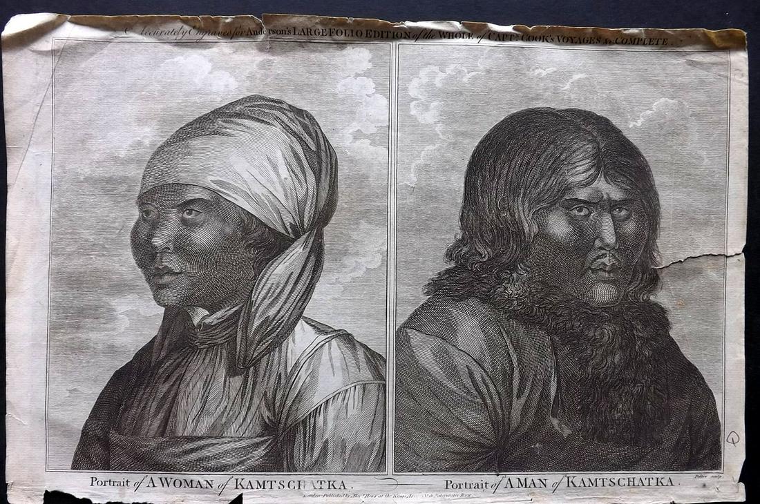 Anderson & Hogg 1784 Kamtschatka Natives, Siberia: Folio Copper Plate Published 1784 by Alexander Hogg, London for "A New Authentic and Complete Collection of Voyages..." by George W. Anderson. Paper Size: 14.5 x 9 inch (37 x 23cm) Approx. Tear right 