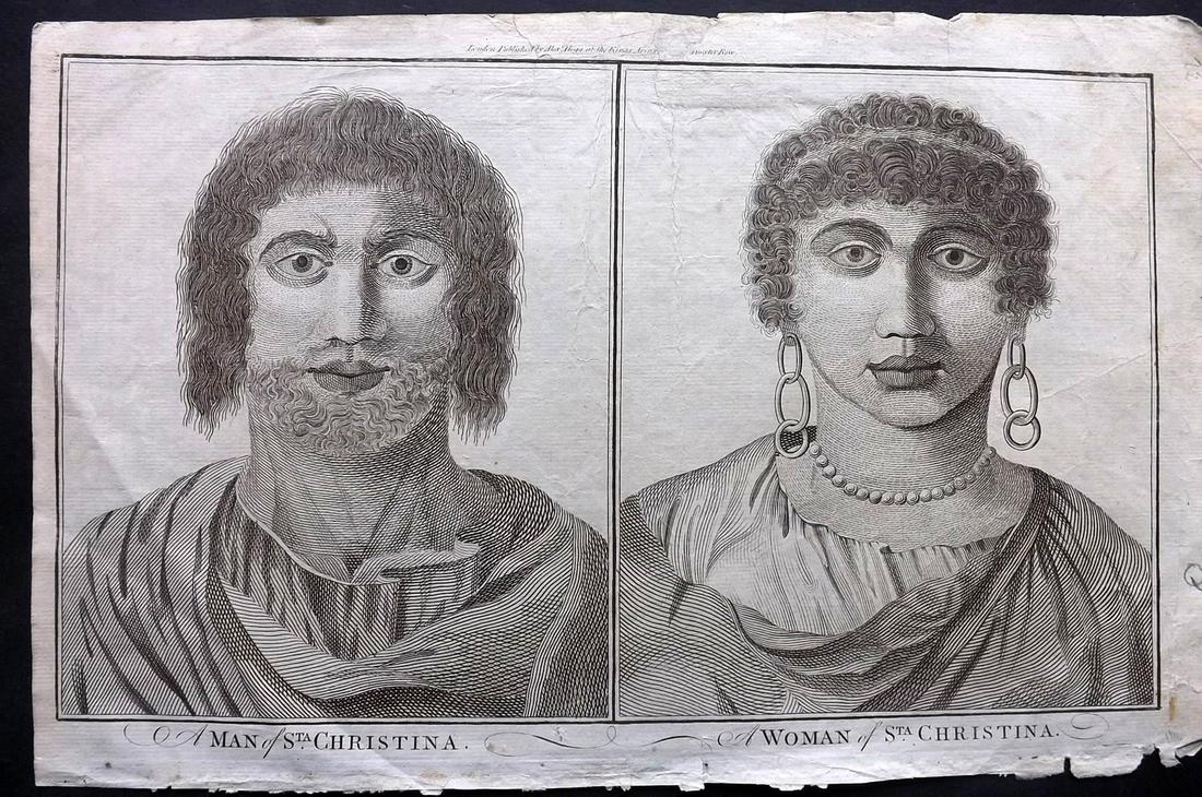 Anderson & Hogg 1784 St. Christina Natives, Capt. Cook: Folio Copper Plate Published 1784 by Alexander Hogg, London for "A New Authentic and Complete Collection of Voyages..." by George W. Anderson. Paper Size: 14.5 x 9 inch (37 x 23cm) Approx. Closed chip