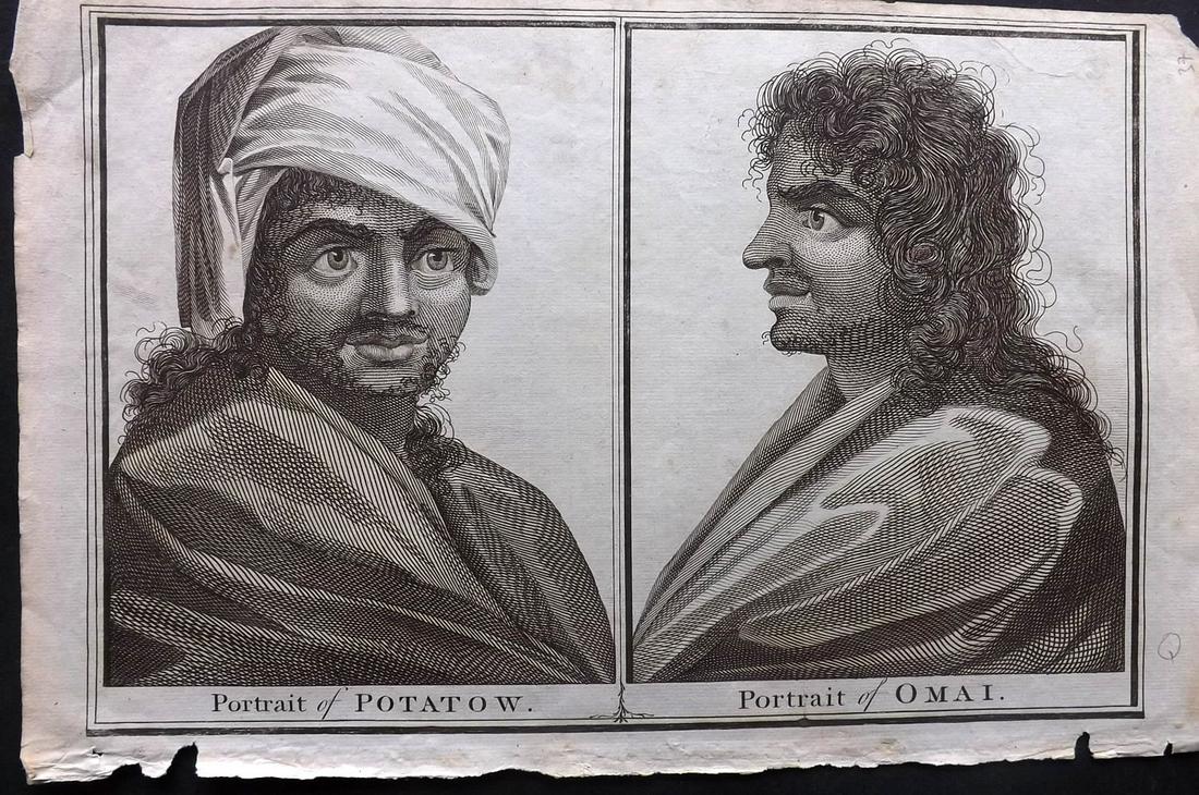 Anderson & Hogg 1784 Pacific Portraits Potatow & Omai: Folio Copper Plate Published 1784 by Alexander Hogg, London for "A New Authentic and Complete Collection of Voyages..." by George W. Anderson. Paper Size: 14.5 x 9 inch (37 x 23cm) Approx. A couple of