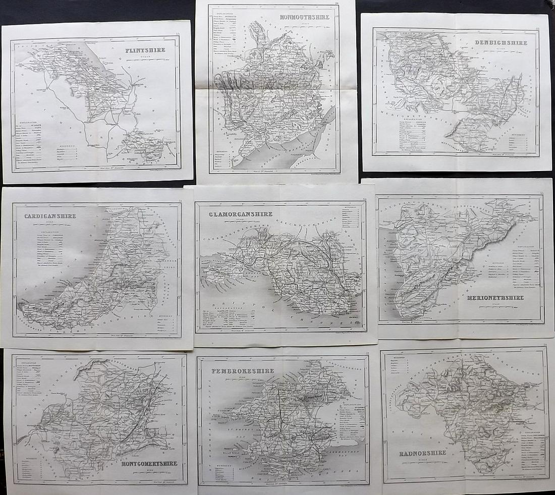 Dugdale & Archer C1840 Lot of 9 Welsh County Maps: Steel Engraved Maps Published C1835-60 London for "Curiosities of Great Britain. England & Wales Delineated..." by Thomas Dugdale. Drawn and Engraved by John Archer. Paper Size: 10 x 8 inch (26 x 20cm