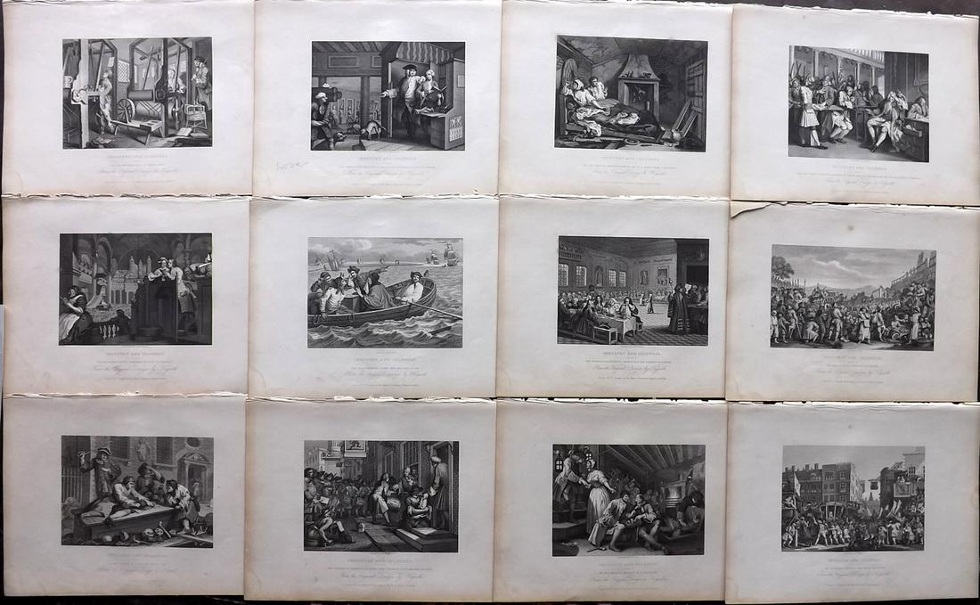 Hogarth, William 1833 Set 12 Prints Industry & Idleness: Steel Engravings Published 1833, London for "The Complete Works of William Hogarth" by The Rev. John Trusler. Paper Size: 10.5 x 8 inch (27 x 20cm) Very minor margin toning. Good Condition