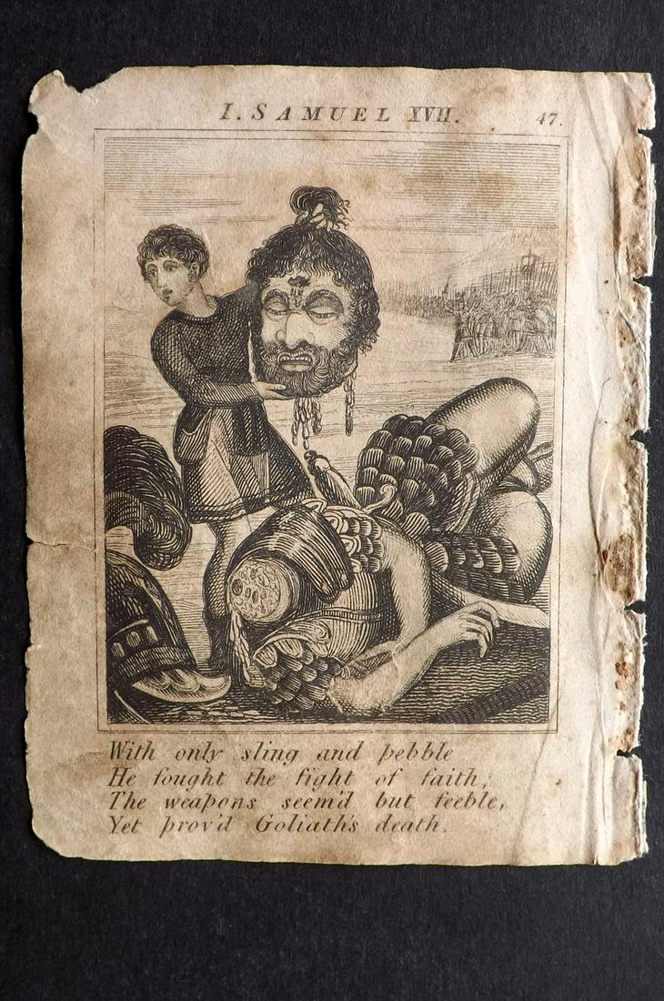 Watkins, I.B. C1823 Religious Print. David & Goliath: Copper Plates Published C1823, London for "Scripture History, including The Lives of the Most Celebrated Apostles, &c" by the Rev. I. B. Watkins. Paper Size: 5 x 4 inch (13 x 10cm) Some toning, Minor 
