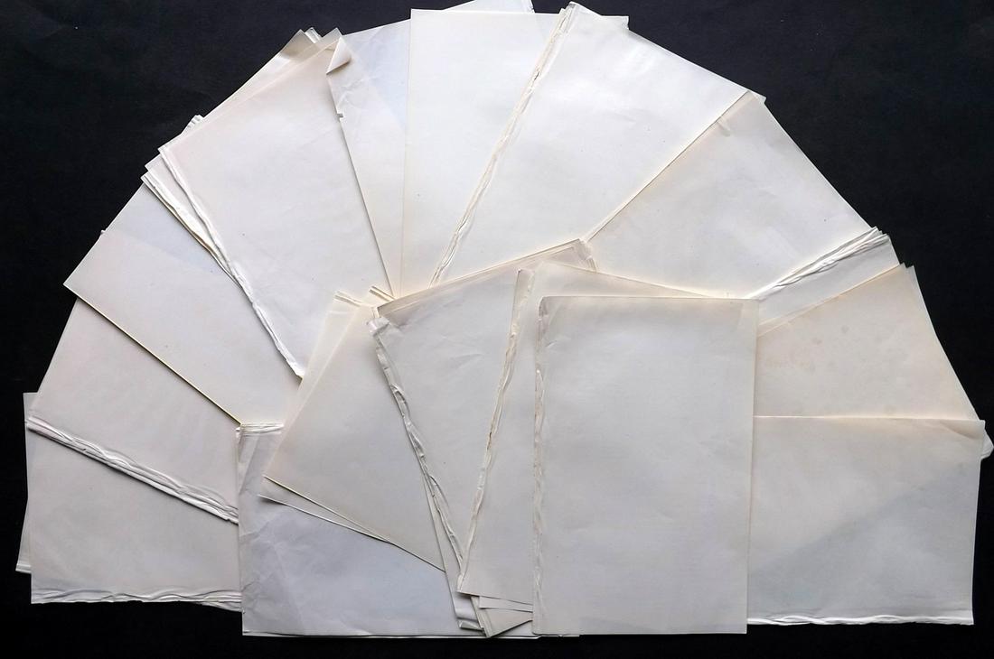 Old Paper, Bookbinding 1850's Lot of 40 Uniform Sheets: Lot of approx 40 Stock Paper Sheets, British, 8vo. Paper Size: 9.5 x 6 inch (24 x 16.5cm) All with light offsetting, otherwise good condition
