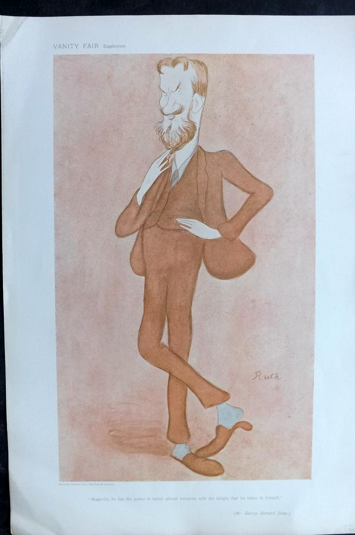 Vanity Fair Print 1905 George Bernard Shaw. Beerbohm: Chromolithograph Published 1869-1914, London for "Vanity Fair" Paper Size: 15 x 10 inch (38 x 25cm) Good Condition