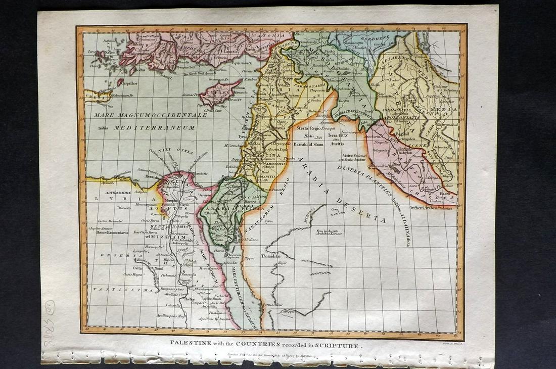 Wilkes, John 1807 Hand Col Map. Palestine: Finely Hand Colored Copper Engraved Map Published 1796-1828 London for "Encyclopaedia Londinensis, or universal dictionary of arts, sciences and literature" by John Wilkes et al. Paper Size: 10.5 x 8.