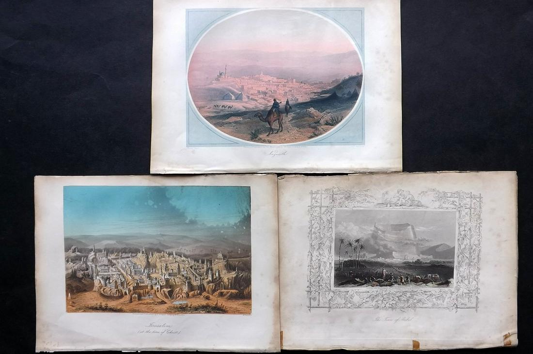 Hagger & Payne C1860 Lot of 3 Holy Land Views: Jerusalem, Tower of Babel and Nazareth. Color Printed and Hand Colored Folio Steel Engravings Published C1860 by James Hagger, London for "The Holy Bible..." by The Rev. J. Brown. Paper Size: 12.5 x 9