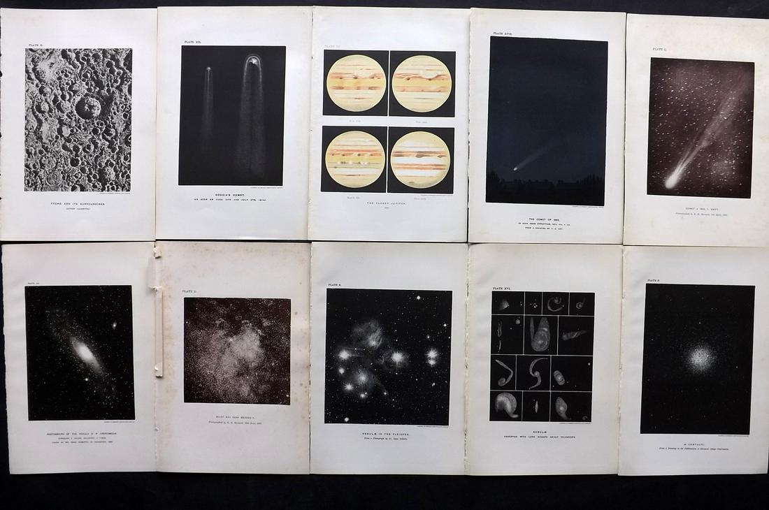 Ball, Robert C1900 Lot of 10 Astronomy Prints.: Lithographs Published C1900, London for "The Story of the Heavens" by Sir Robert Stawell Ball. Paper Size: 9 x 6 inch (23 x 15cm) Very minor margin toning in parts. Good condition