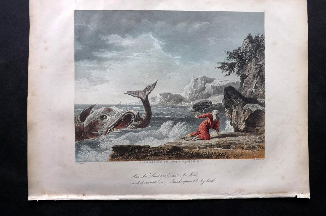 Hagger & Payne C1860 Hand Col Print. Jonah & The Whale: Color Printed and Hand Colored Folio Steel Engravings Published C1860 by James Hagger, London for "The Holy Bible..." by The Rev. J. Brown. Paper Size: 12.5 x 9.5 inch (32 x 24cm) Some margin toning, 