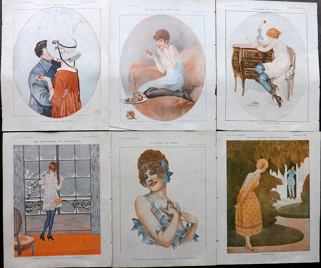La Vie Parisienne C1920 Lot of 6 Art Deco Prints: Lithographs Published Paris, 1920's, Paris for "La Vie Parisienne" Illustrated by Lissac, Barbier, Vallet, Valee, Prejelan, Georges Léonnec and others. Verso text, but none showing through front side