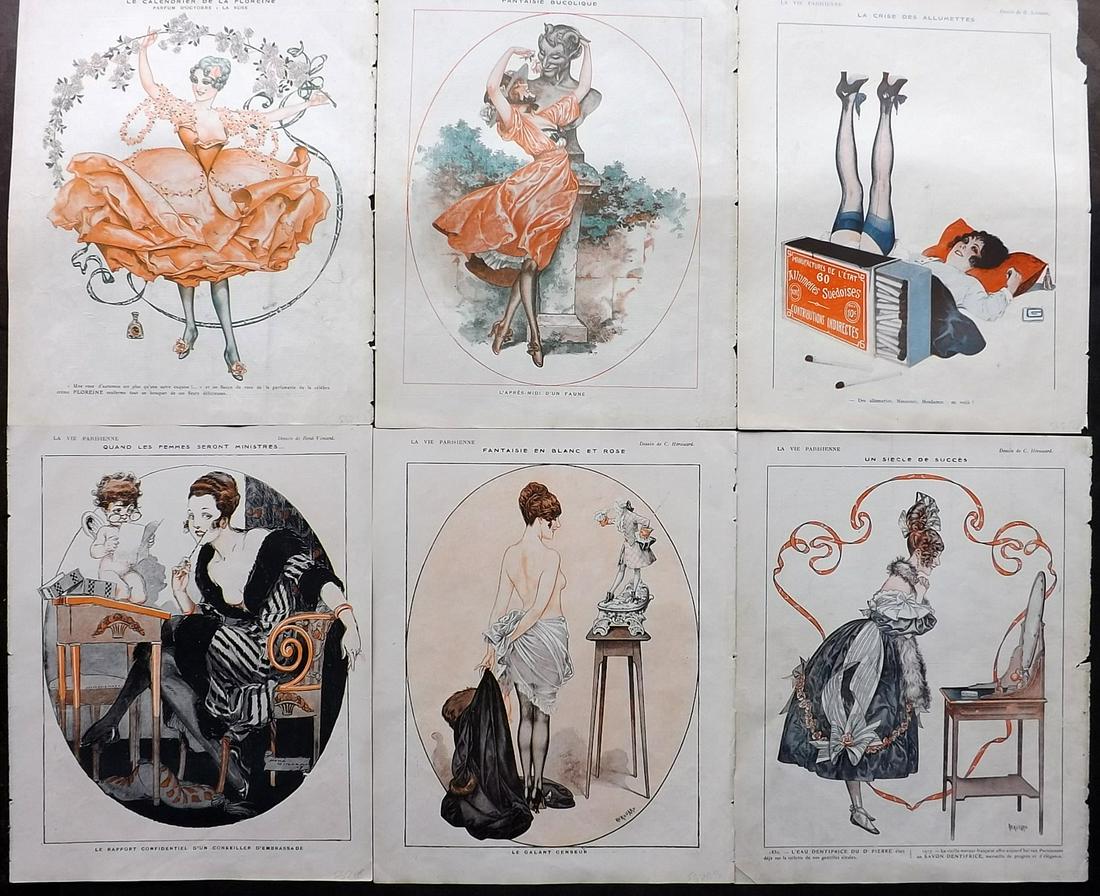 La Vie Parisienne C1920 Lot of 6 Art Deco Prints: Lithographs Published Paris, 1920's, Paris for "La Vie Parisienne" Illustrated by Lissac, Barbier, Vallet, Valee, Prejelan, Georges Léonnec and others. Verso text, but none showing through front side