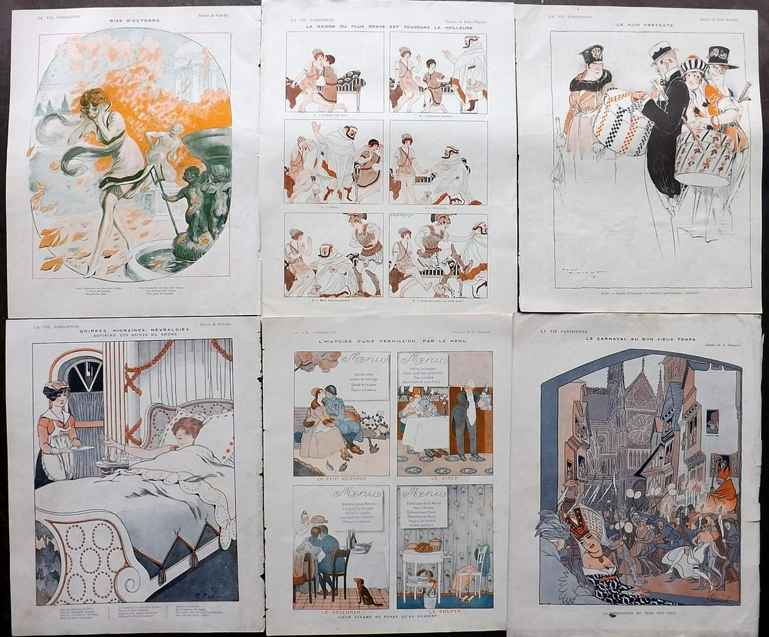 La Vie Parisienne C1920 Lot of 6 Art Deco Prints: Lithographs Published Paris, 1920's, Paris for "La Vie Parisienne" Illustrated by Lissac, Barbier, Vallet, Valee, Prejelan, Georges Léonnec and others. Verso text, but none showing through front side