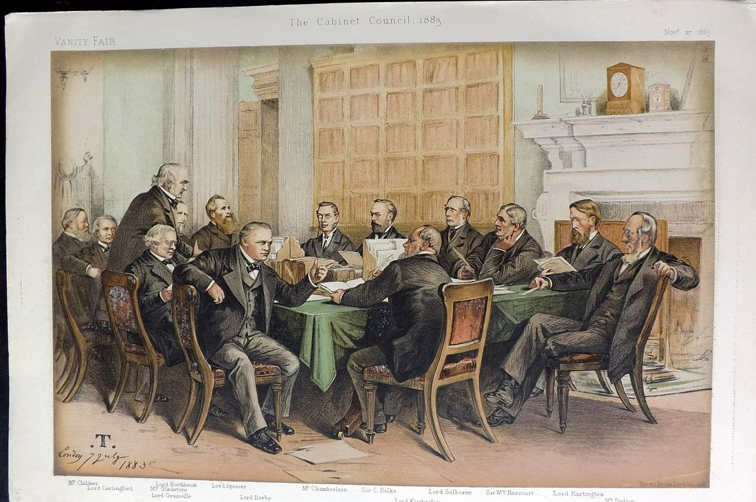 Vanity Fair Print 1883 Cabinet Council, Group: Chromolithograph Published 1869-1914, London for "Vanity Fair" Paper Size: 15 x 10 inch (38 x 25cm) Good Condition