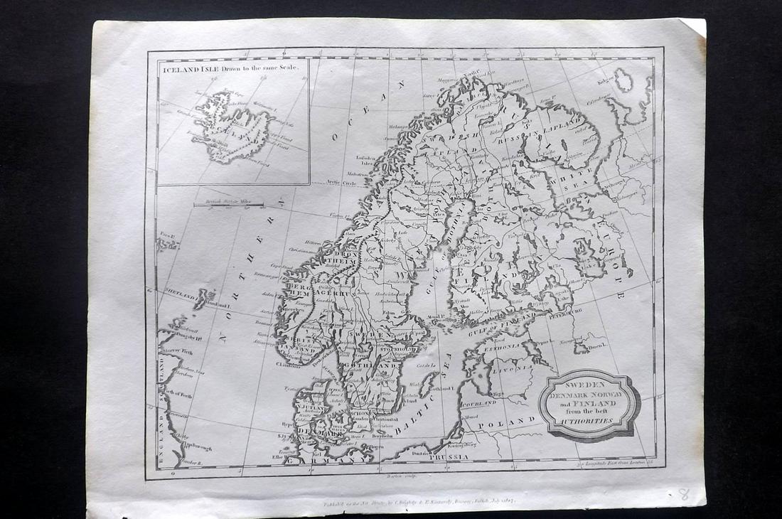 Barlow 1807 Antique Map of Sweden, Denmark, Norway: Copper Engraved Map Published 1807 by Brightly & Kinnersley, Bungay, England for "A General View of the World, Geographical, Historical and Philosophical" by The Rev. E. Blomfield. Maps Engraved by Ba