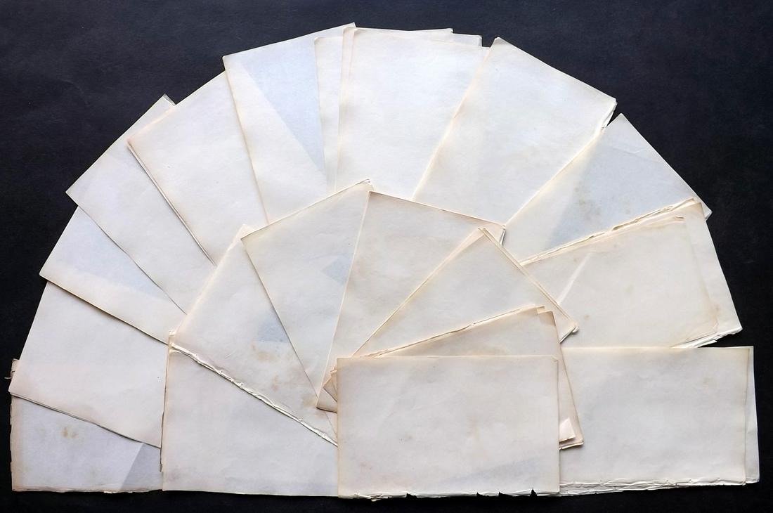 Old Paper, Bookbinding 1830's Lot of 32 Uniform Sheets: Lot of approx 32 Wove Paper Sheets, British, 12mo. Paper Size: 6.5 x 4 inch (16.5 x 11cm) Almost all with light offsetting and toning.