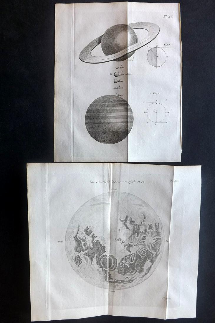 Bonnycastle, J. 1803 Pair of Celestial. Moon, Saturn: Copper Plates Published 1803, London for "An Introduction to Astronomy" by John Bonnycastle. Folds as issued. Paper Size: Up to 8.5 x 8 inch (22 x 21cm) Good Condition