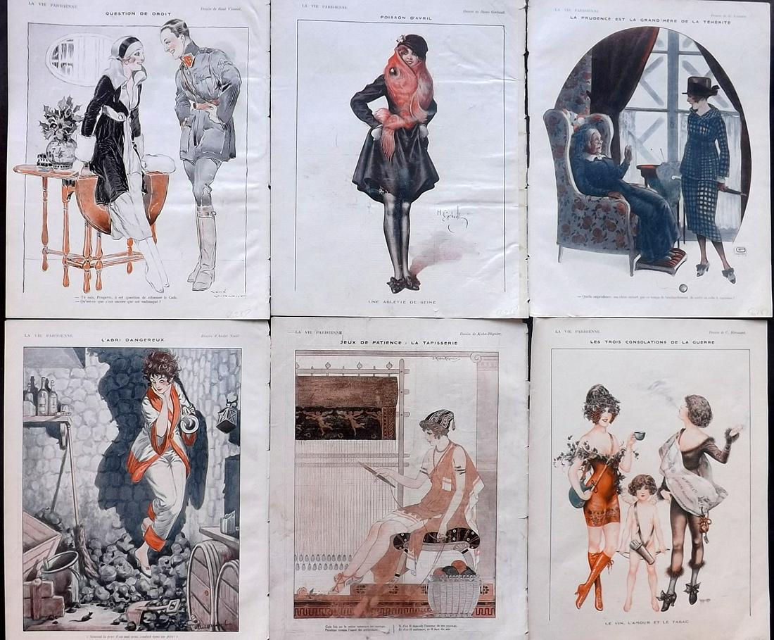 La Vie Parisienne C1920 Lot of 6 Art Deco Prints: Lithographs Published Paris, 1920's, Paris for "La Vie Parisienne" Illustrated by Lissac, Barbier, Vallet, Valee, Prejelan, Georges Léonnec and others. Verso text, but none showing through front side