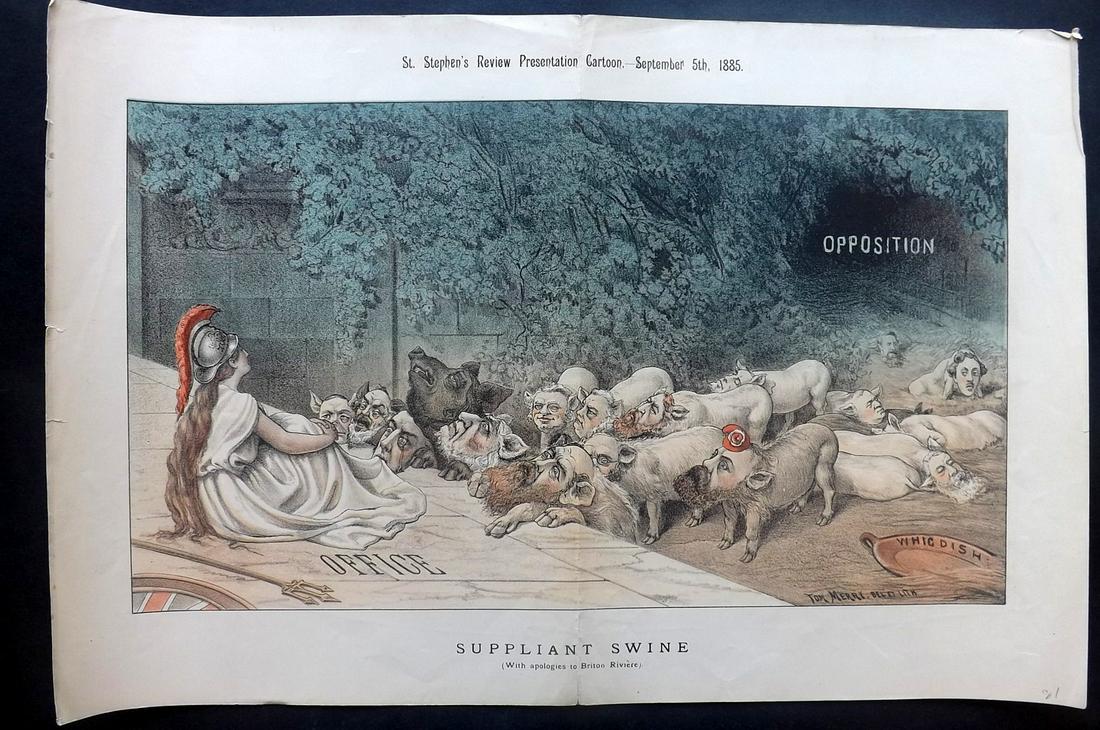 St. Stephen's 1885 Large Print. Suppliant Swine. Merry: Chromolithograph Published 1883-92, London for "St. Stephen's Review" Drawn and Lithographed by Tom Merry (William Mecham) Centre fold as issued. Paper Size: 21.5 x 14.5 inch (55 x 37cm) Good Conditio