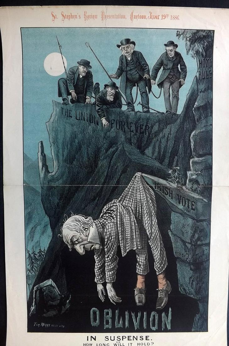 St. Stephen's 1886 Large Print In Suspense by Tom Merry: Chromolithograph Published 1883-92, London for "St. Stephen's Review" Drawn and Lithographed by Tom Merry (William Mecham) Centre fold as issued. Paper Size: 21.5 x 14.5 inch (55 x 37cm) Good Conditio
