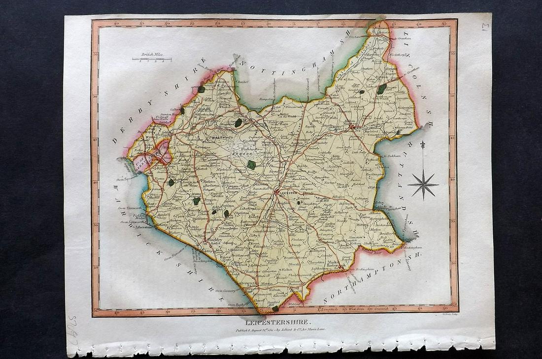 Wilkes, John 1811 Hand Col Map. Leicestershire: Finely Hand Colored Copper Engraved Map Published 1796-1828 London for "Encyclopaedia Londinensis, or universal dictionary of arts, sciences and literature" by John Wilkes et al. Paper Size: 10.5 x 8.