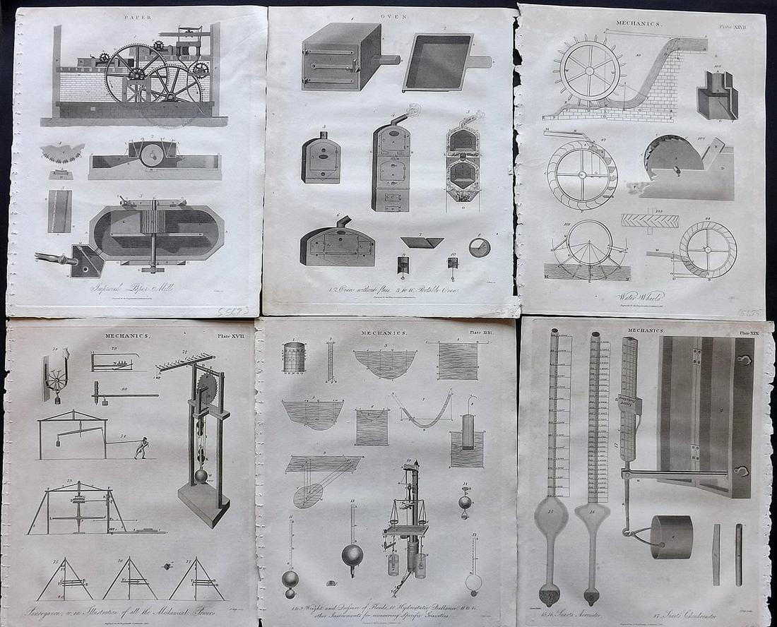 Wilkes, John C1810 Lot of 6 Science & Tech Prints: Incl Paper Mill, Oven and Mechanics. Copper Plates Published 1796-1828 London for "Encyclopaedia Londinensis, or universal dictionary of arts, sciences and literature" by John Wilkes et al. Paper Size
