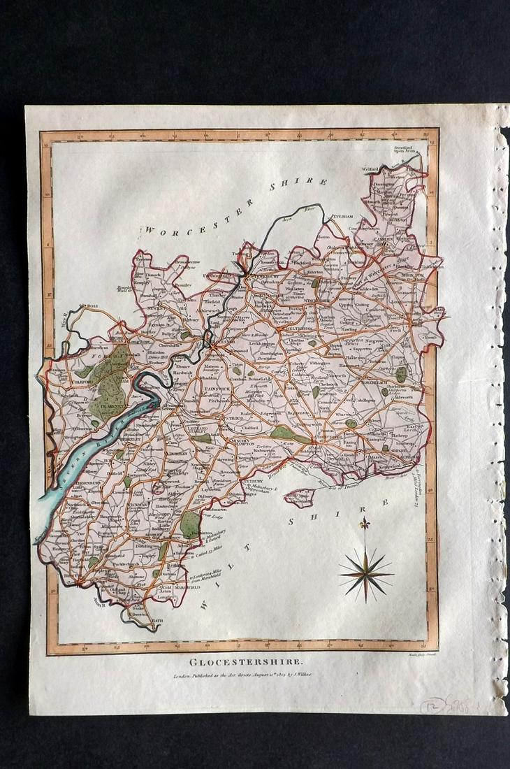 Wilkes, John 1807 Hand Col Map. Gloucestershire: Finely Hand Colored Copper Engraved Map Published 1796-1828 London for "Encyclopaedia Londinensis, or universal dictionary of arts, sciences and literature" by John Wilkes et al. Paper Size: 10.5 x 8.