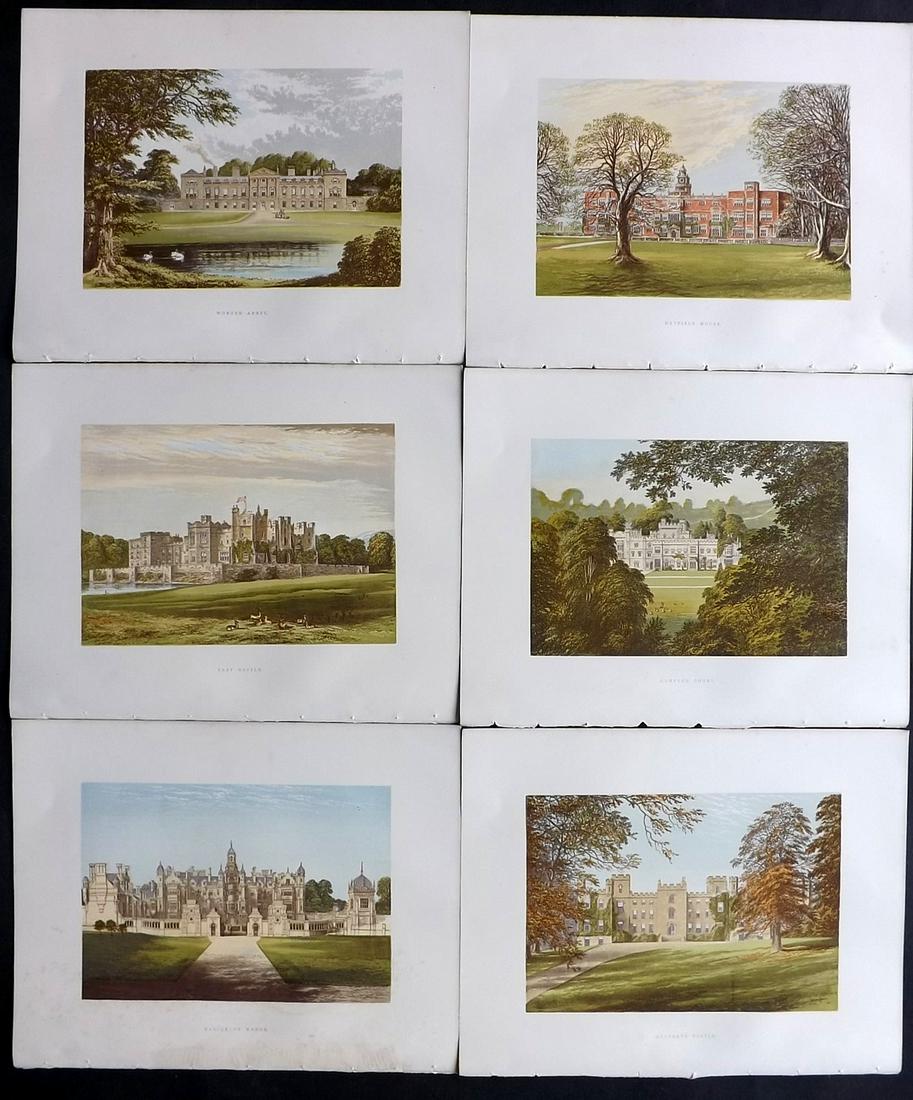 Morris Seats C1870 Lot of 6 Color Woodblock Views: Color Printed Woodblock Published 1866-1880 by William Mckenzie, London for "Picturesque Views of Seats of Noblemen and Gentlemen of Great Britain and Ireland" by the Rev. F. O. Morris. Printed by Ben