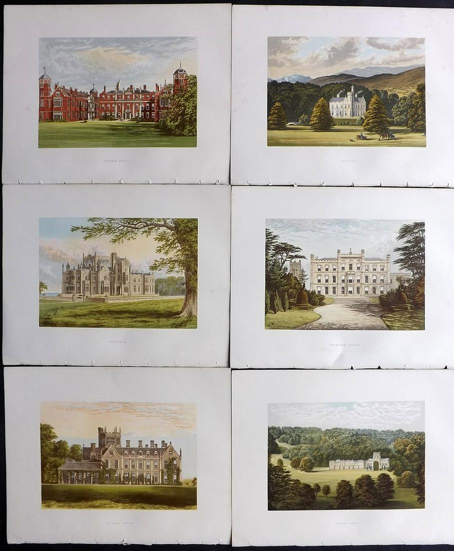 Morris Seats C1870 Lot of 6 Color Woodblock Views: Color Printed Woodblock Published 1866-1880 by William Mckenzie, London for "Picturesque Views of Seats of Noblemen and Gentlemen of Great Britain and Ireland" by the Rev. F. O. Morris. Printed by Ben