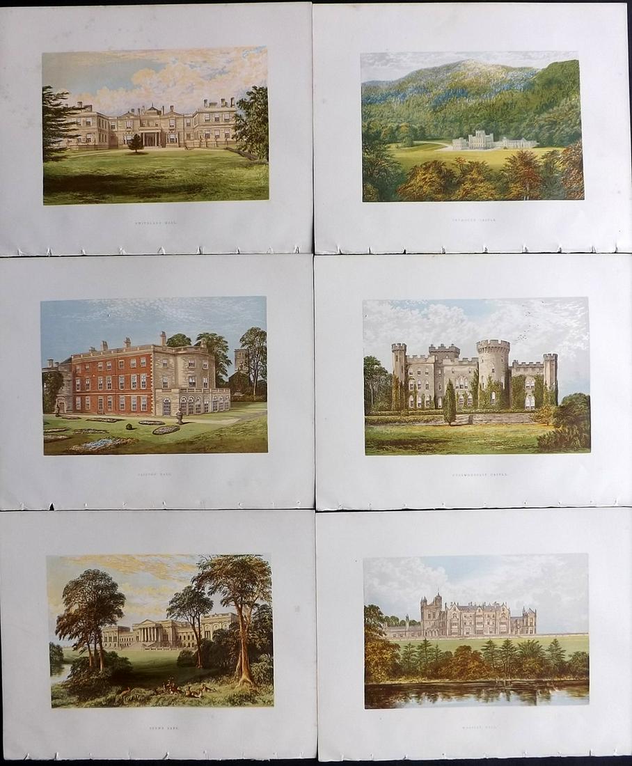 Morris Seats C1870 Lot of 6 Color Woodblock Views: Color Printed Woodblock Published 1866-1880 by William Mckenzie, London for "Picturesque Views of Seats of Noblemen and Gentlemen of Great Britain and Ireland" by the Rev. F. O. Morris. Printed by Ben