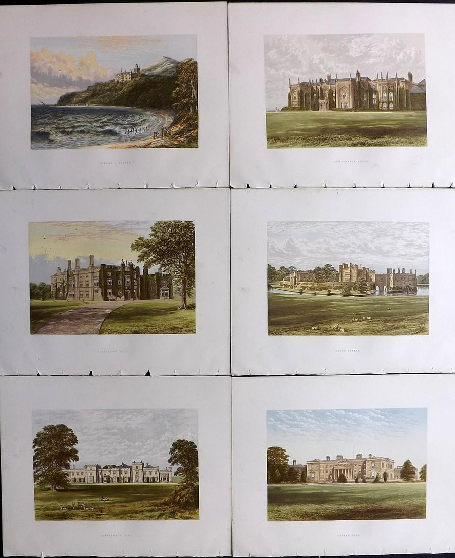 Morris Seats C1870 Lot of 6 Color Woodblock Views: Color Printed Woodblock Published 1866-1880 by William Mckenzie, London for "Picturesque Views of Seats of Noblemen and Gentlemen of Great Britain and Ireland" by the Rev. F. O. Morris. Printed by Ben