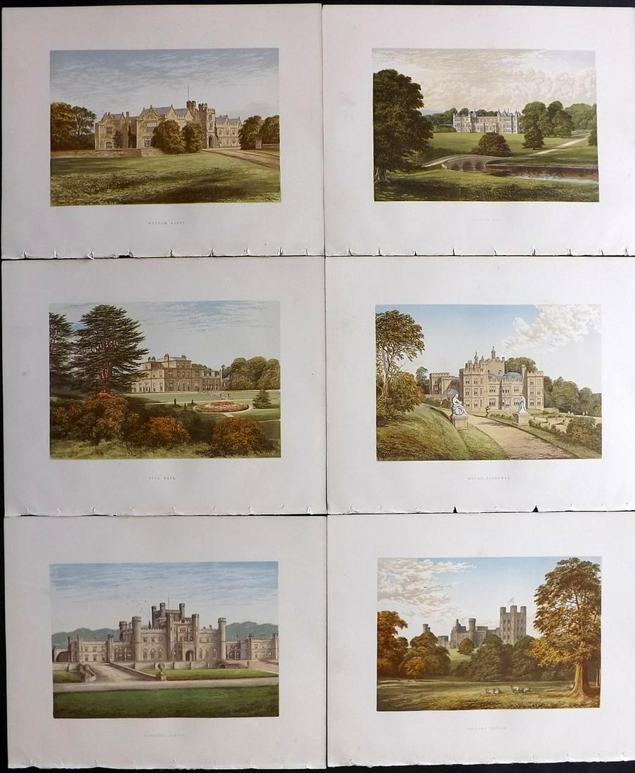 Morris Seats C1870 Lot of 6 Color Woodblock Views: Color Printed Woodblock Published 1866-1880 by William Mckenzie, London for "Picturesque Views of Seats of Noblemen and Gentlemen of Great Britain and Ireland" by the Rev. F. O. Morris. Printed by Ben