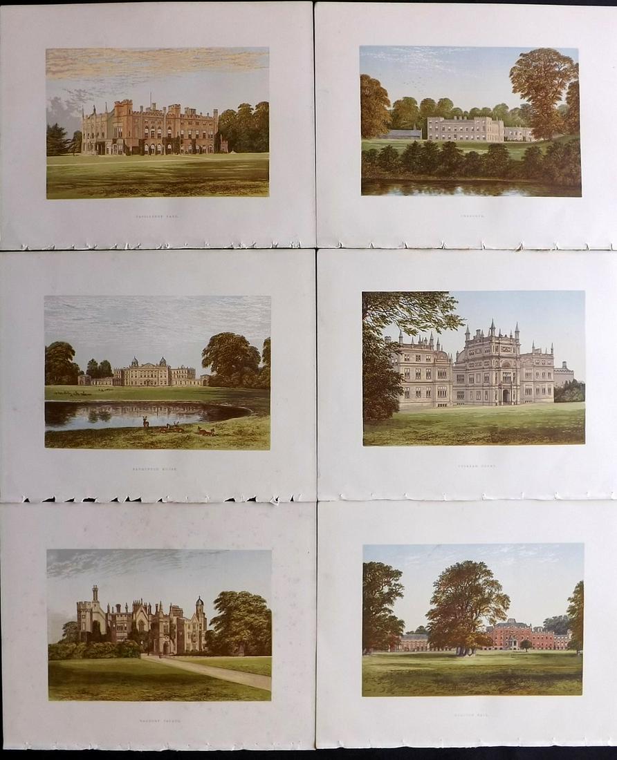 Morris Seats C1870 Lot of 6 Color Woodblock Views: Color Printed Woodblock Published 1866-1880 by William Mckenzie, London for "Picturesque Views of Seats of Noblemen and Gentlemen of Great Britain and Ireland" by the Rev. F. O. Morris. Printed by Ben