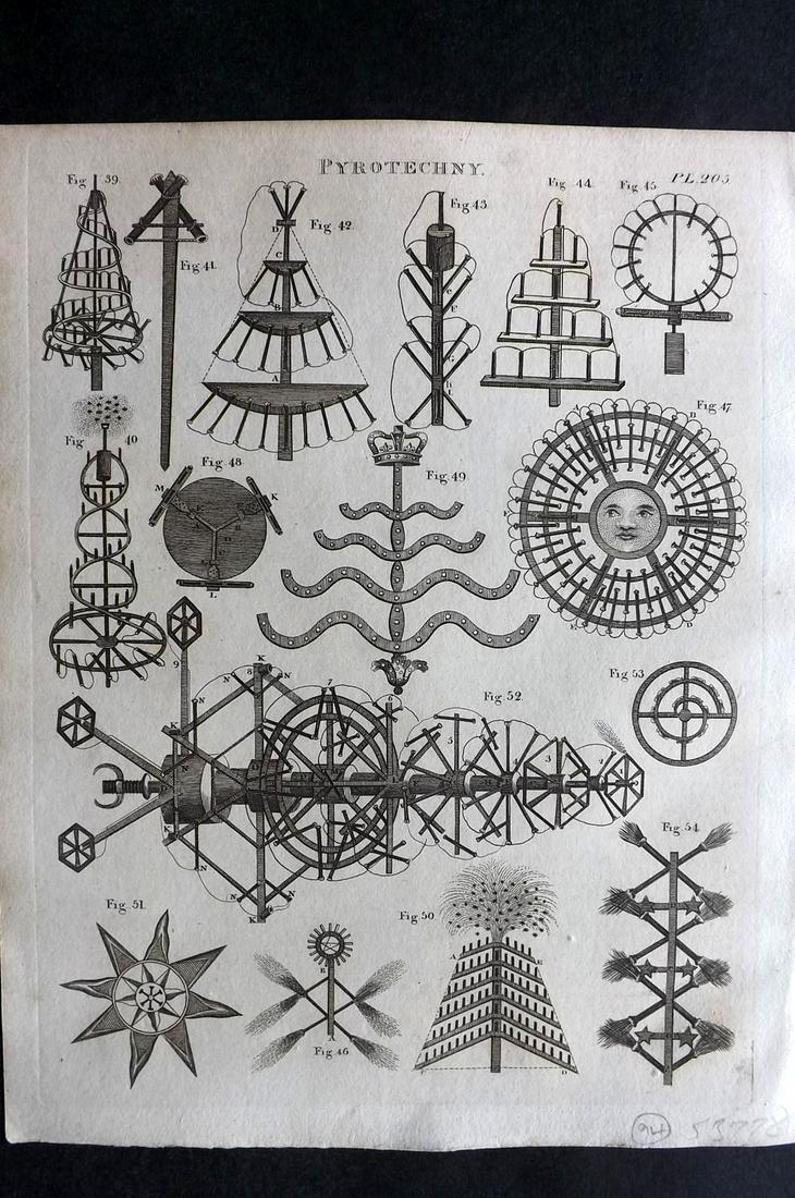 Russell, S. (Pub) 1806 Print. Pyrotechny. Fireworks: Copper Plate Published 1806, Manchester for "The British Encyclopaedia" by Various. Paper Size: 10 x 8 inch (26 x 21cm) Good Condition