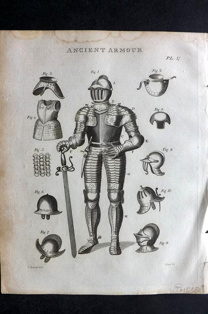 Russell, S. (Pub) 1806 Military Print. Ancient Armour: Copper Plates Published 1806, Manchester for "The British Encyclopaedia" by Various. Paper Size: 10 x 8 inch (26 x 21cm) Minor water stain in top margin, otherwise Good Condition