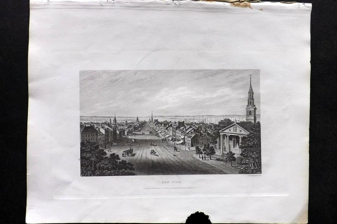 Barclay, James C1835 Print. View of New York, USA: Steel Engraving Published C1835 by Thomas Kelly, London for "A New and Universal English Dictionary" by the Rev. James Barclay. Paper Size: 10.5 x 8 inch (27 x 21cm) Very minor margin staining and sma