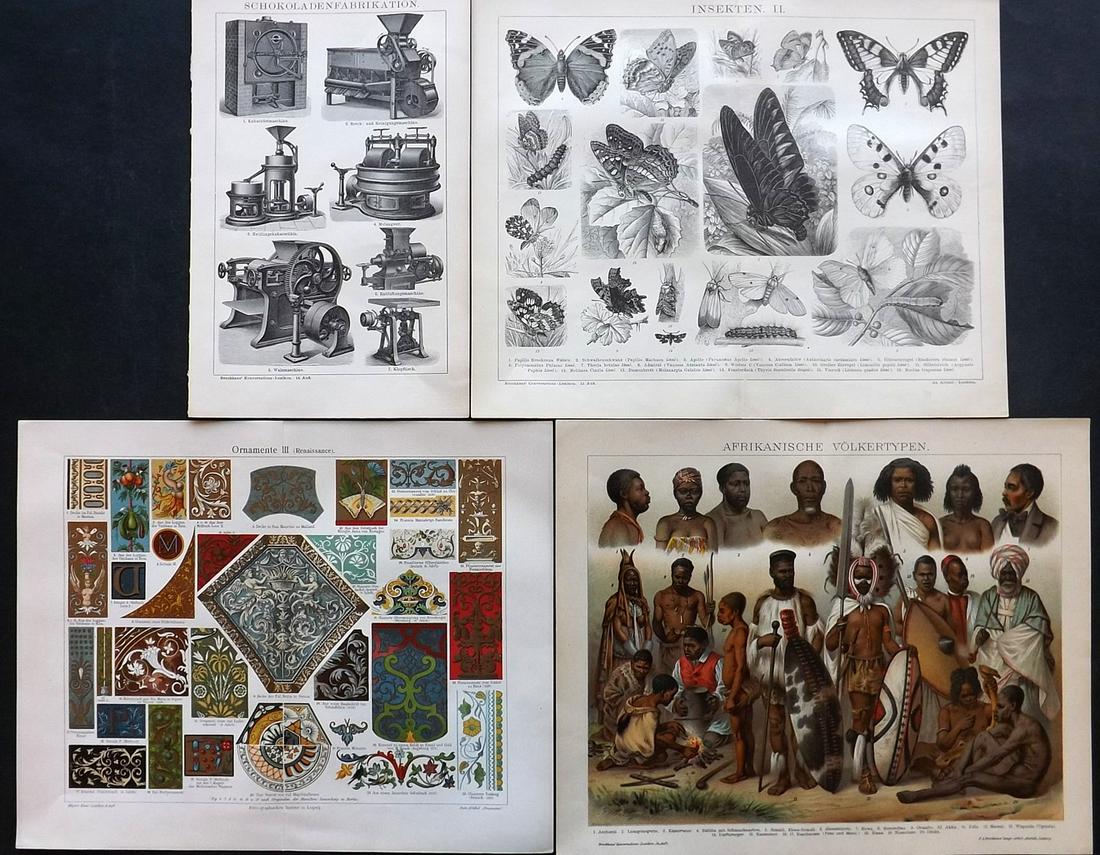 Meyer & Brockhaus 1890's Mix Lot of 4 Prints: Incl Africa Natives, Ornamental, Science and Insects. Chromolithographs & Lithographs Published 1893-97, Leipzig for "Meyers Konversations-Lexikon" by Joseph Meyer et al. Centre fold as published. Tog