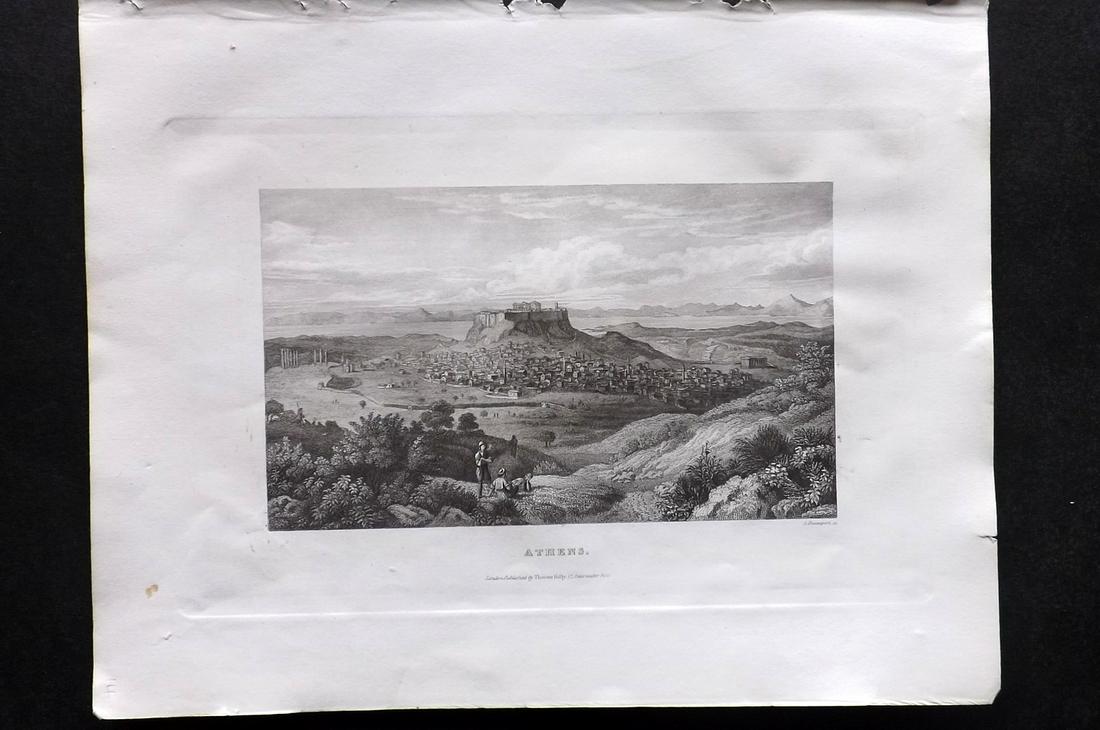Barclay, James C1835 Print. View of Athens, Greece: Steel Engraving Published C1835 by Thomas Kelly, London for "A New and Universal English Dictionary" by the Rev. James Barclay. Paper Size: 10.5 x 8 inch (27 x 21cm) Good Condition