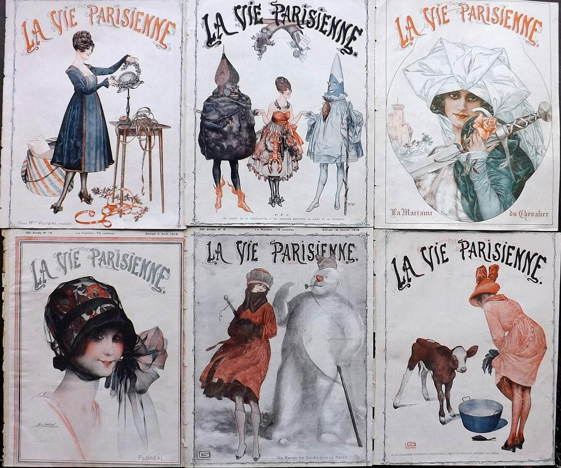 La Vie Parisienne C1920 Lot of 6 Art Deco Prints: Lithographs Published Paris, 1920's, Paris for "La Vie Parisienne" Illustrated by Lissac, Barbier, Vallet, Valee, Prejelan, Georges Léonnec and others. Verso text, but none showing through front side