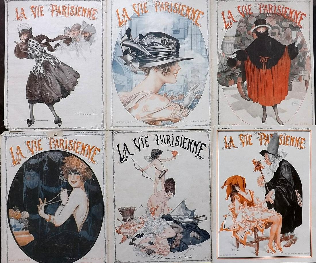 La Vie Parisienne C1920 Lot of 6 Art Deco Prints: Lithographs Published Paris, 1920's, Paris for "La Vie Parisienne" Illustrated by Lissac, Barbier, Vallet, Valee, Prejelan, Georges Léonnec and others. Verso text, but none showing through front side