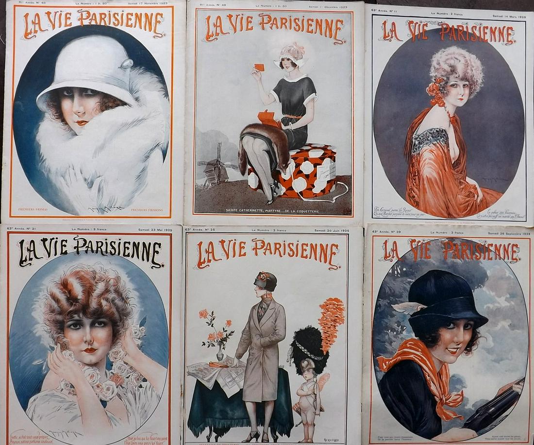 La Vie Parisienne C1920 Lot of 6 Art Deco Prints: Lithographs Published Paris, 1920's, Paris for "La Vie Parisienne" Illustrated by Lissac, Barbier, Vallet, Valee, Prejelan, Georges Léonnec and others. Verso text, but none showing through front side