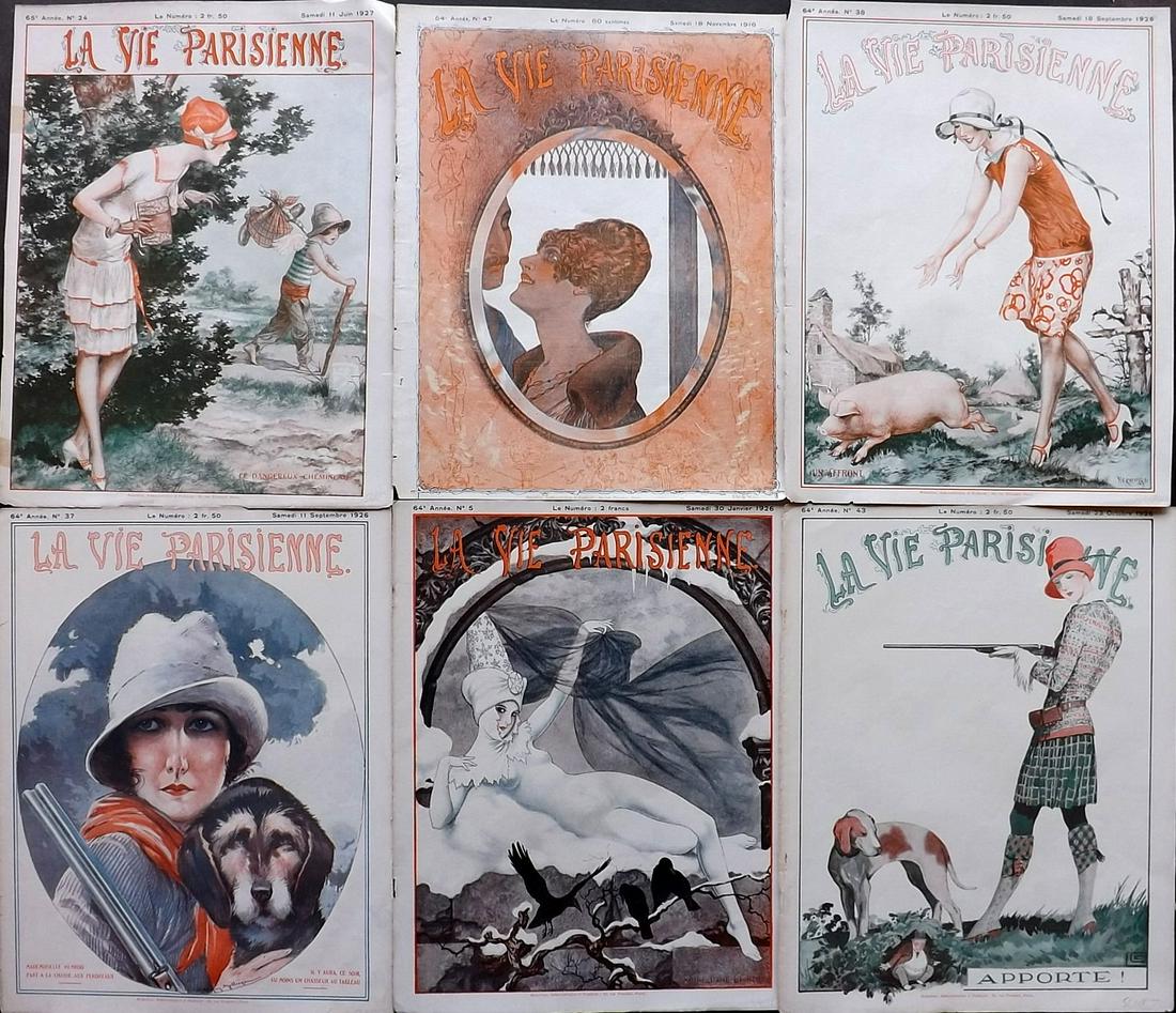 La Vie Parisienne C1920 Lot of 6 Art Deco Prints: Lithographs Published Paris, 1920's, Paris for "La Vie Parisienne" Illustrated by Lissac, Barbier, Vallet, Valee, Prejelan, Georges Léonnec and others. Verso text, but none showing through front side