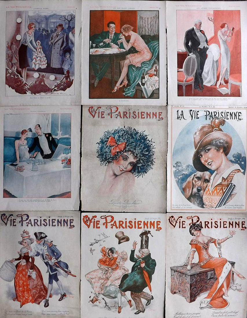 La Vie Parisienne C1920 Lot of 9 Art Deco Prints: Lithographs Published Paris, 1920's, Paris for "La Vie Parisienne" Illustrated by Lissac, Barbier, Vallet, Valee, Prejelan, Georges Léonnec and others. Verso text, but none showing through front side