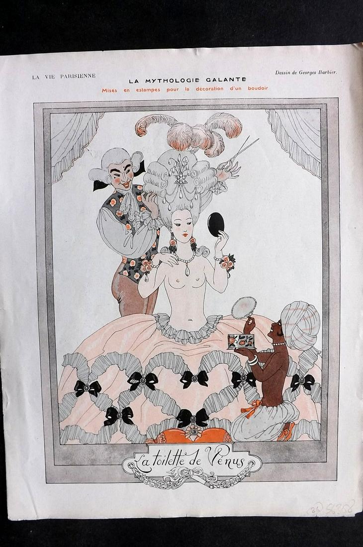 La Vie Parisienne C1920 Art Deco Print after Barbier: Lithographs Published Paris, 1920's, Paris for "La Vie Parisienne" Illustrated by Lissac, Barbier, Vallet, Valee, Prejelan, Georges Léonnec and others. Verso text, but none showing through front side