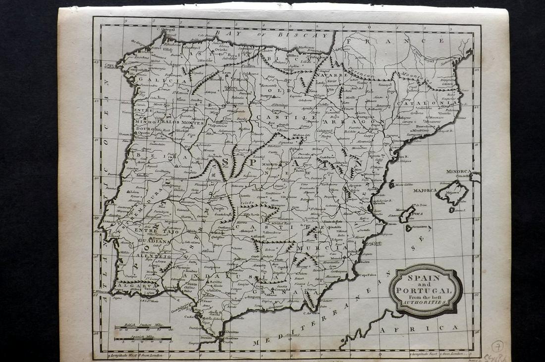 Barlow 1807 Antique Map. Spain and Portugal: Copper Engraved Map Published 1807 by Brightly & Kinnersley, Bungay, England for "A General View of the World, Geographical, Historical and Philosophical" by The Rev. E. Blomfield. Engraved by Barlow.