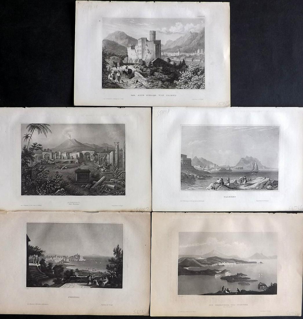 Meyer, Joseph 1858 Lot of 5 Engraved Views. Italy: Steel Engraving Published 1833-61 [1858] Hildburghausen, Germany for "Meyer's Universum" by Joseph Meyer. Paper Size: 9 x 6 inch (23 x 16cm) Approx. All with Ink library stamp to reverse, not showing 