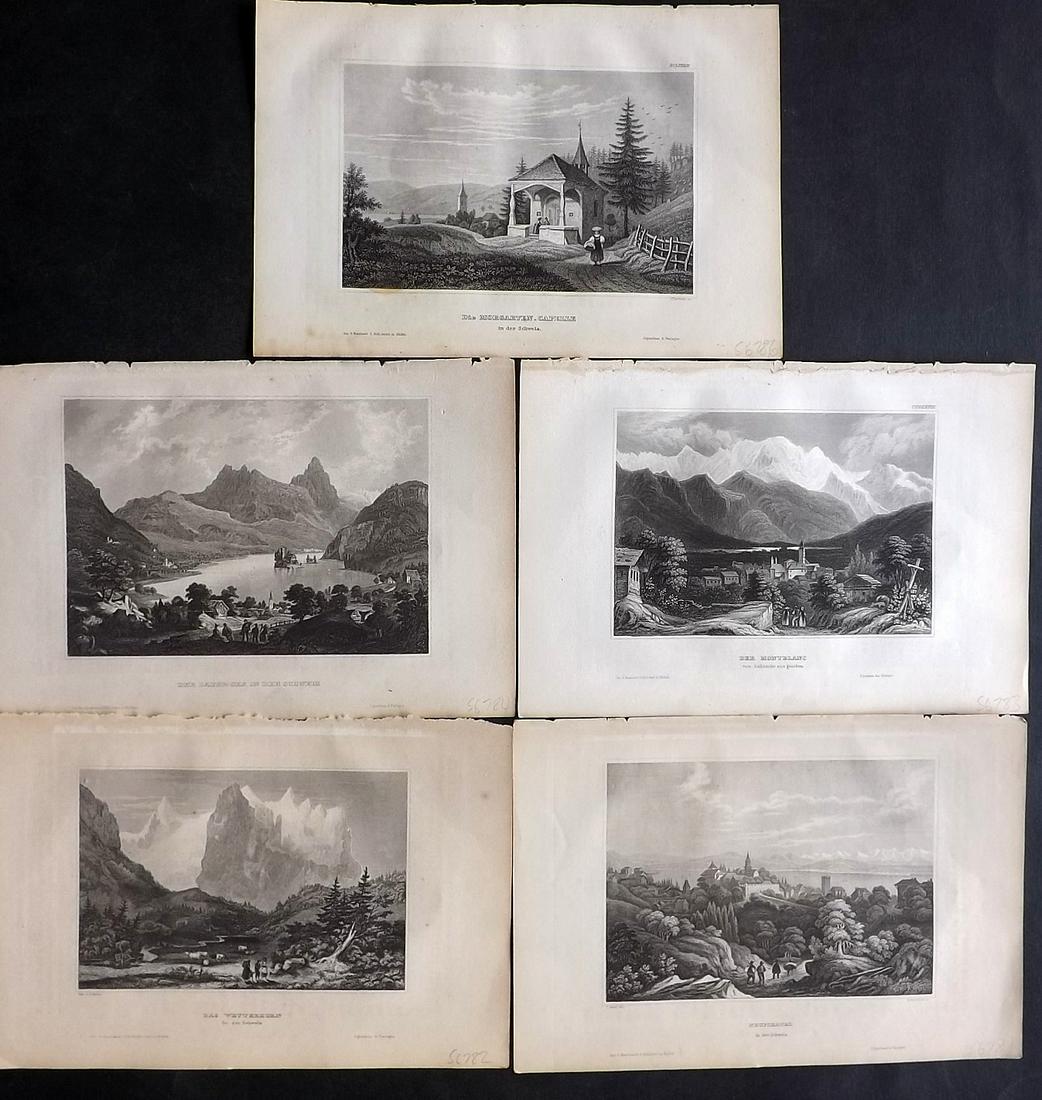 Meyer, Joseph 1858 Lot of 5 Engraved Views. Switzerland: Steel Engraving Published 1833-61 [1858] Hildburghausen, Germany for "Meyer's Universum" by Joseph Meyer. Paper Size: 9 x 6 inch (23 x 16cm) Approx. All with Ink library stamp to reverse, not showing 