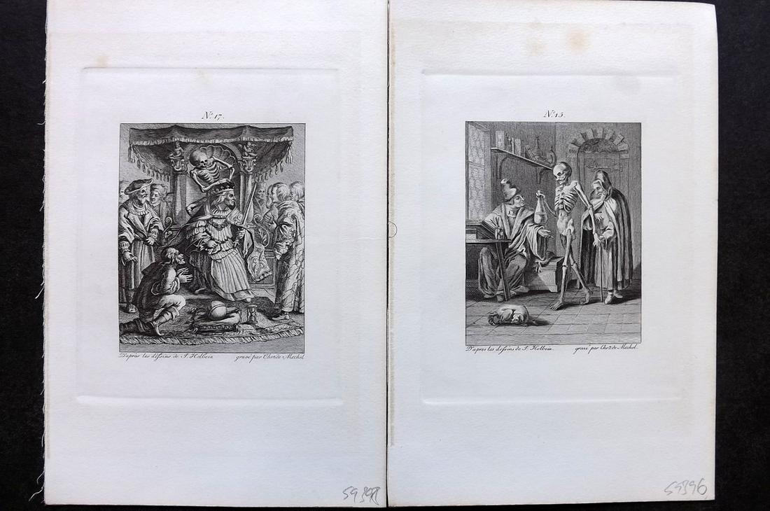 Holbein & Mechel C1870 Pair of Dance of Death Prints: Steel Engraving Published C1870, Stuttgart for "Der Todtentanz von Hans Holbein" Engraved by Christian von Mechel from the original designs by Hans Holbein. First Published in Basel, 1780. On heavy pa